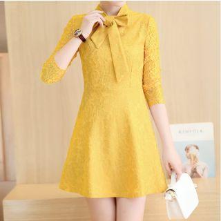 Bow Lace Panel Long-sleeve Dress