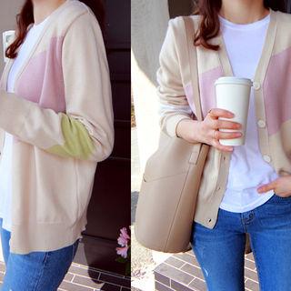 V-neck Contrast-trim Cardigan Beige - One Size