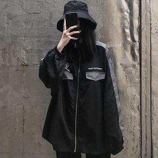 Contrast Color Lettering Zip Jacket Black - One Size