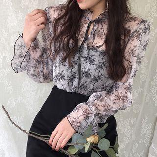Set: Floral Print Chiffon Blouse + Strapless A-line Dress
