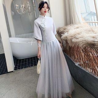 3/4-sleeve Lace Trim Maxi A-line Qipao Dress