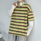 Mock Two-piece Long-sleeve Rainbow Striped T-shirt