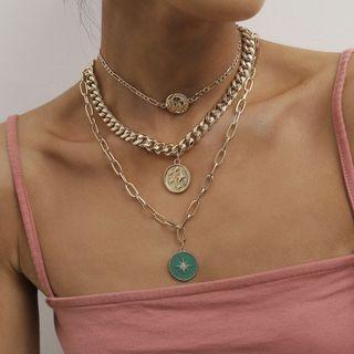 Alloy Disc Pendant Layered Chunky Chain Choker Necklace 2847 - Set - Gold - One Size