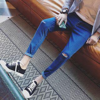 Letter Embroidered Distressed Jeans