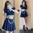 Set: Short-sleeve Open Collar Crop Top + Mini A-line Skirt + Belt