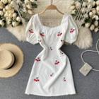 Puff-sleeve Cherry Embroidered Mini A-line Dress