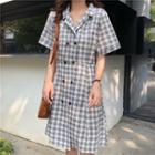 Short-sleeve Plaid Double-breasted Shirtdress