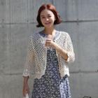 Scallop-hem Crochet-knit Perforated Cardigan