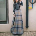 Long-sleeve Tie-neck Blouse / Plaid Maxi A-line Skirt / Set