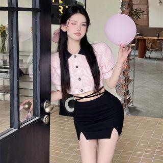 Puff-sleeve Crop Blouse / Cross Strap Pencil Skirt
