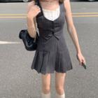 Sleeveless Mock Two-piece Striped Blouse / Mini Pleated Skirt