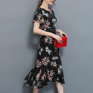 Floral Print Flutter-sleeve Sheath Silk Dress