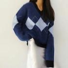Color Block Argyle Sweater Navy Blue - One Size