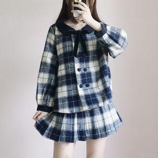 Set: Double Breasted Plaid Jacket + Pleated Mini Skirt