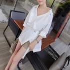Long-sleeve Asymmetric Mini Shirt Dress White - One Size
