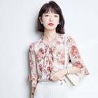 Elbow-sleeve Floral Print Tie-neck Blouse