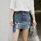 Distressed Denim Skirt / Cold Shoulder Elbow-sleeve T-shirt