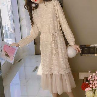 Long-sleeve Mesh Hem Midi Lace Dress