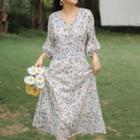 3/4-sleeve V-neck Floral Midi A-line Dress
