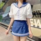 Sailor-collar Elbow-sleeve Top / Striped Skort