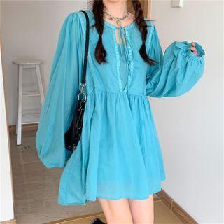 Set: Plain Long-sleeve Loose-fit Blouse + Slipdress