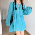 Set: Plain Long-sleeve Loose-fit Blouse + Slipdress