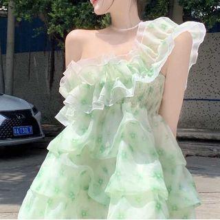 Sleeveless Floral Mesh Mini A-line Dress Green - One Size