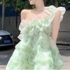 Sleeveless Floral Mesh Mini A-line Dress Green - One Size
