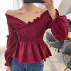 Ruffle Trim Off-shoulder V-neck Top Red - One Size