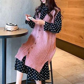 Set: Polka Dot Long-sleeve Midi Dress + Long Knit Vest