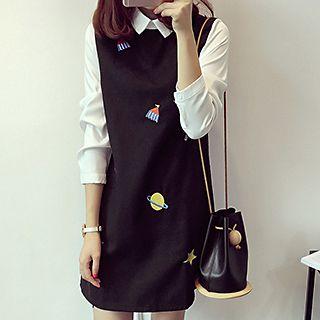Embroidered Mock Two-piece Collared Dress