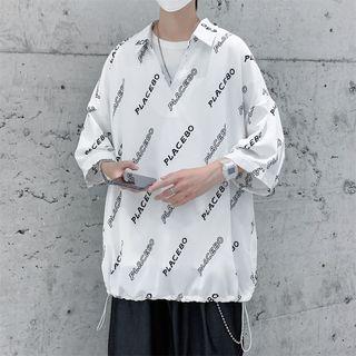 Elbow-sleeve Drawstring Print T-shirt