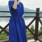 Short-sleeve V-neck Dress Blue - One Size