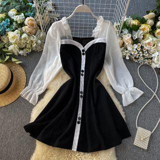 Chiffon-sleeve Contrast Trim A-line Dress