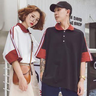 Couple Matching Elbow-sleeve Side Stripe Polo Shirt
