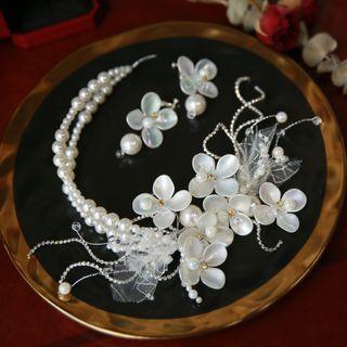 Bridal Set: Faux Pearl Beaded Floral Headband + Clip-on Earring Set Of 2 - 1 Pc - Headband - White & 1 Pair - Clip On Earring - White - One Size