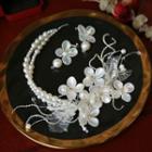 Bridal Set: Faux Pearl Beaded Floral Headband + Clip-on Earring Set Of 2 - 1 Pc - Headband - White & 1 Pair - Clip On Earring - White - One Size