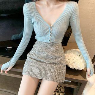 Set: V-neck Knit Top + Glitter Skirt