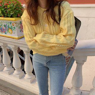 Long-sleeve Cable Knit Cardigan Yellow - One Size
