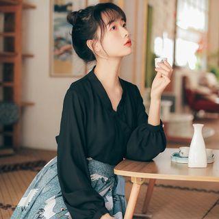 V-neck Plain Oversize Top / High-waist Printed A-line Skirt