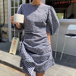 Plaid Puff-sleeve Ruched Mini Sheath Dress