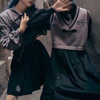 Embroidered Cropped Knit Vest / Long-sleeve Collared Dress