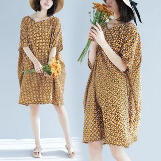 Printed Elbow-sleeve Dress Curcumin - One Size