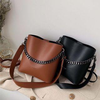 Chain Plain Faux Leather Bucket Bag