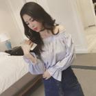 Bow Pinstripe Off-shoulder Puff-sleeve Top