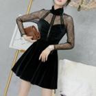 Long-sleeve Stand Collar Lace Panel Mini A-line Velvet Dress