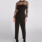 Dotted Mesh Panel Long Sleeve Jumpsuit