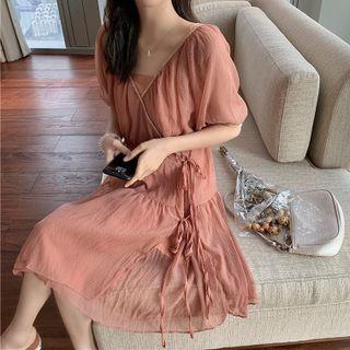Set: Tie-strap Midi A-line Dress + Slipdress