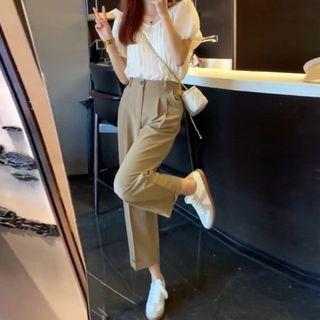 Puff-sleeve Plain Blouse / Straight Leg Cropped Pants / Set