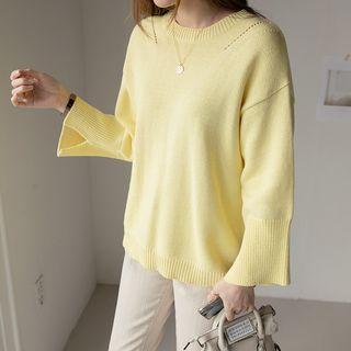 Slit-sleeve Perforated-trim Knit Top